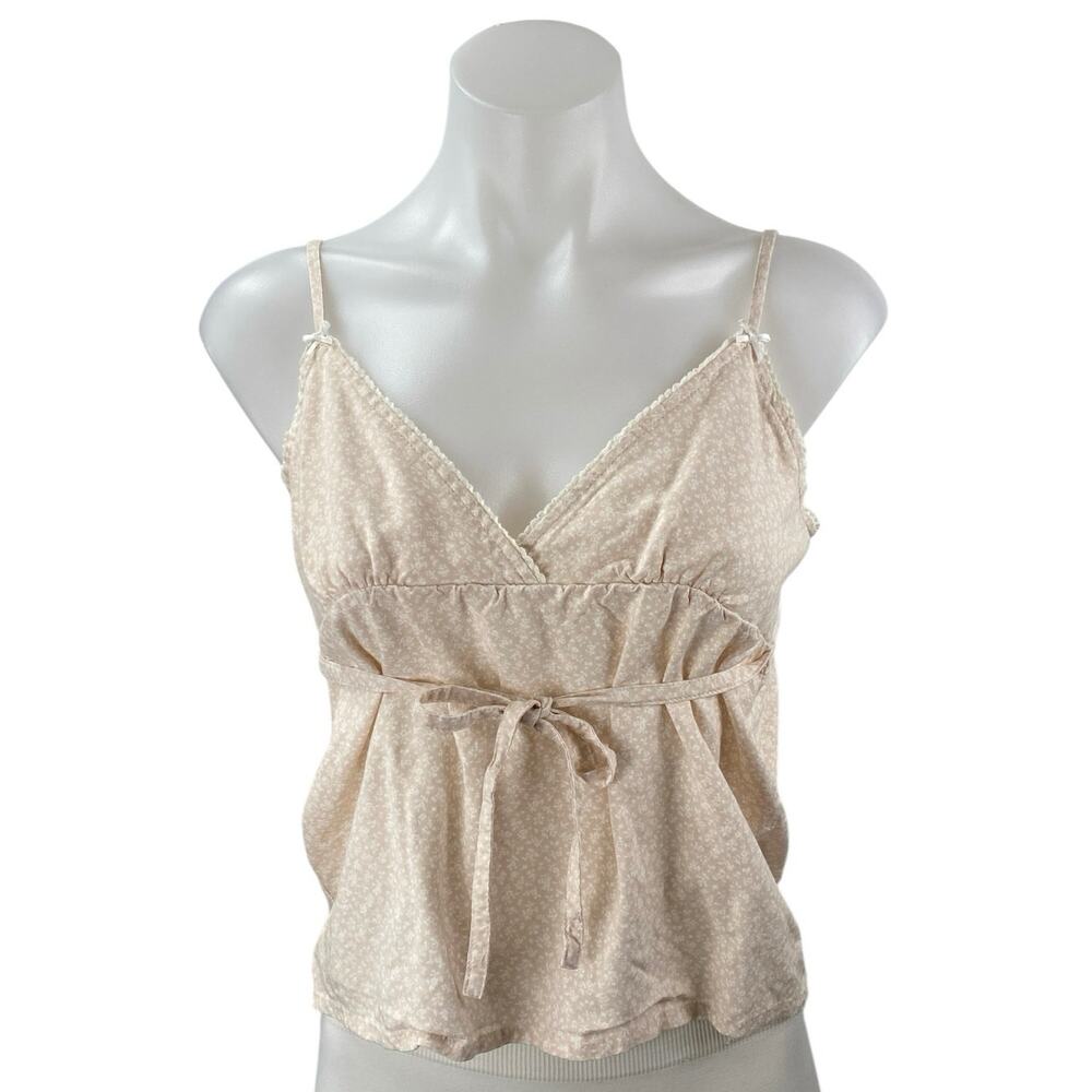 Brandy Melville Beige Floral Sleeveless Cami Tie Bow Babydoll Tank Top Size M